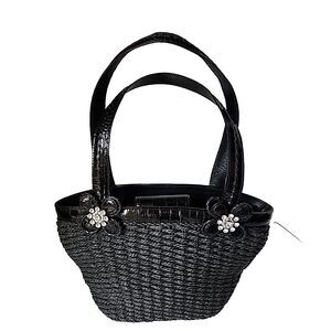 Brighton Twilight Straw Handbag Black Rhinestone Embellished Double Handles Tote